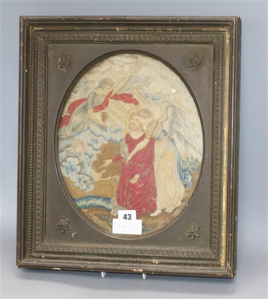 A Victorian oval needlework panel, framed 31 x 25cm excl. frame